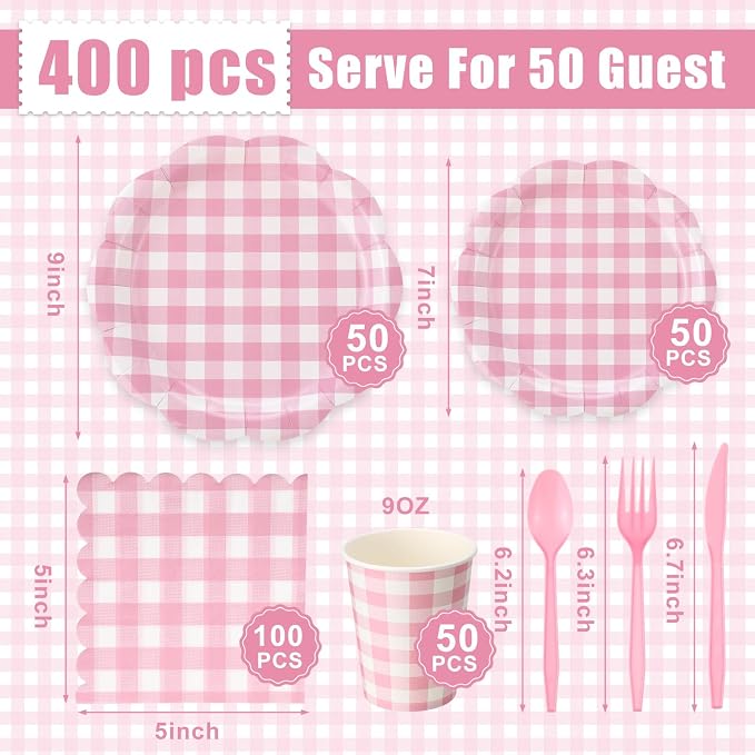 Funnymoom 400 Pcs Gingham Party Supplies for 50 Guests Pink and White Paper Plates and Napkins Knives Spoon Fork Cup Disposable Checkered Dinner Party Set Cutlery for Baby Shower Wedding Favor