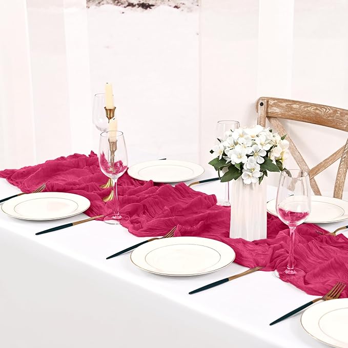 8 Pack Hot Pink Cheesecloth Table Runner 10FT Boho Gauze Cheese Cloth Table Runner Rustic Sheer Fabric Table Runners for Wedding Bridal Shower Baby Shower Party(21.5×120 Inch)