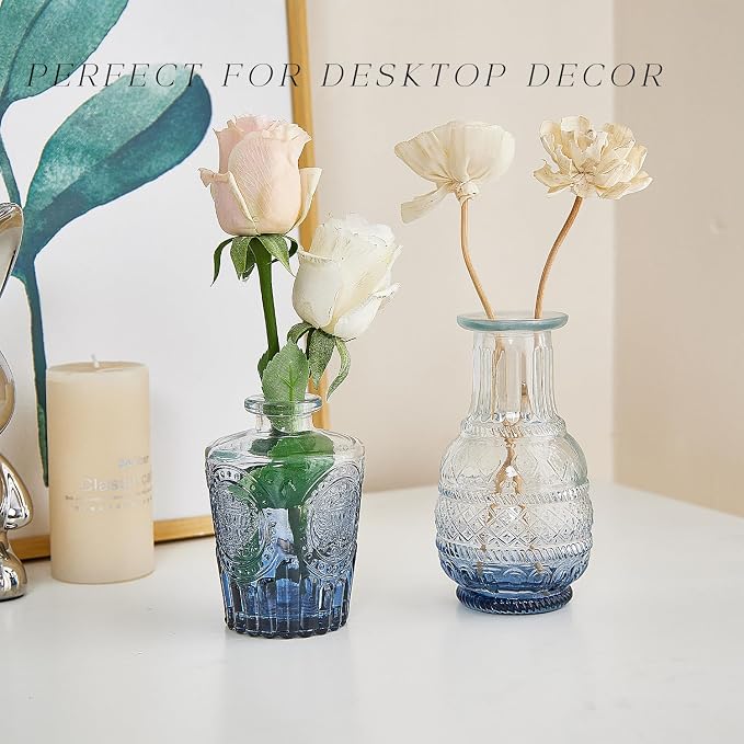 Glass Bud Vase Set of 20, Small Flower Vases, Glass Vases for Centerpieces, Vintage Home Table Decorations Bud Vases (20 Pcs, Blue)