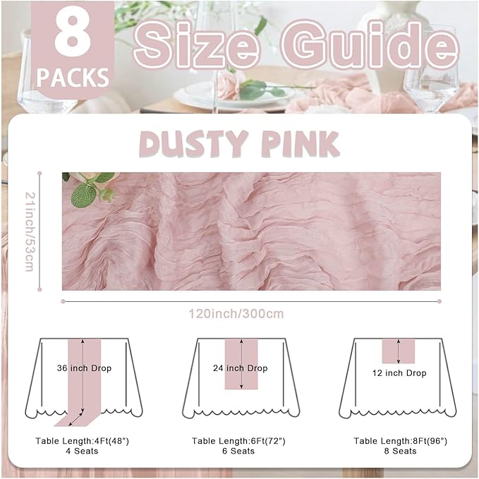 8 Pack Dusty Pink Valentine's Day Cheesecloth Table Runner 21x120 Inch Gauze Table Runners Reusable Polyester 10ft Boho Rustic Cheese Cloth Table Runner for Wedding Party Baby Shower Birthday