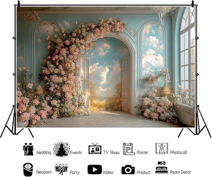 Baocicco 15x10ft Floral Wall Photography Background Romantic Style Arch Door Oil Painting Flowers Photo Background for Women Wedding Party Banner Supplies Girls Birthday Decorations Photoshoot Studio