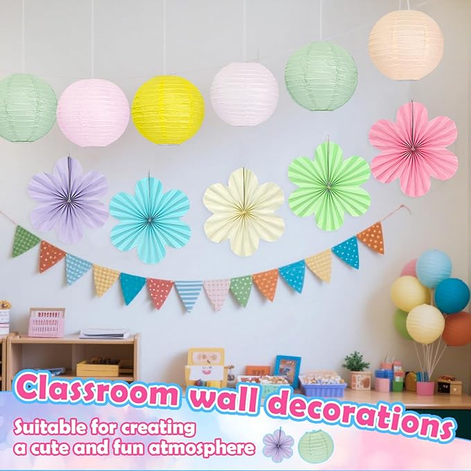 Spring Hanging Decorations - 18Pcs Spring Party Decorations | Paper Lanterns & Flower Fans Set for Pastel Classroom Decor, Office, Baby Shower, Birthday, Wedding & Easter Wall Decor