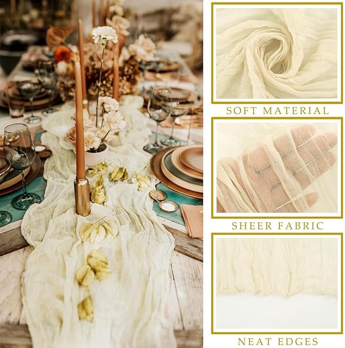 6 Pcs Beige Cheesecloth Table Runner 10FT Runner for Tables Boho Gauze Fabric Table Runner Decoration Rustic Sheer Runner for Wedding Bridal Shower Birthday Party Table Decor (35 x 120 Inches Long)