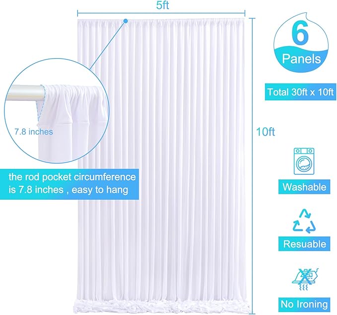 6 Panels White Backdrop Curtain for Parties Wedding Wrinkle Free 30ft x 10ft Backdrop Drapes for Baby Shower Gender Reveal Birthday Photo Photography Polyester Fabric Background Decoration