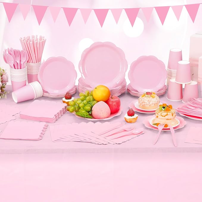 Funnymoom 452 Pcs Pink Party Supplies for 50 Guests, Light Pink Scalloped Paper Plates Napkins Cups Plastic Tablecloth Cutlery Straws for Baby Bridal Shower, Birthday Wedding Party Decoration