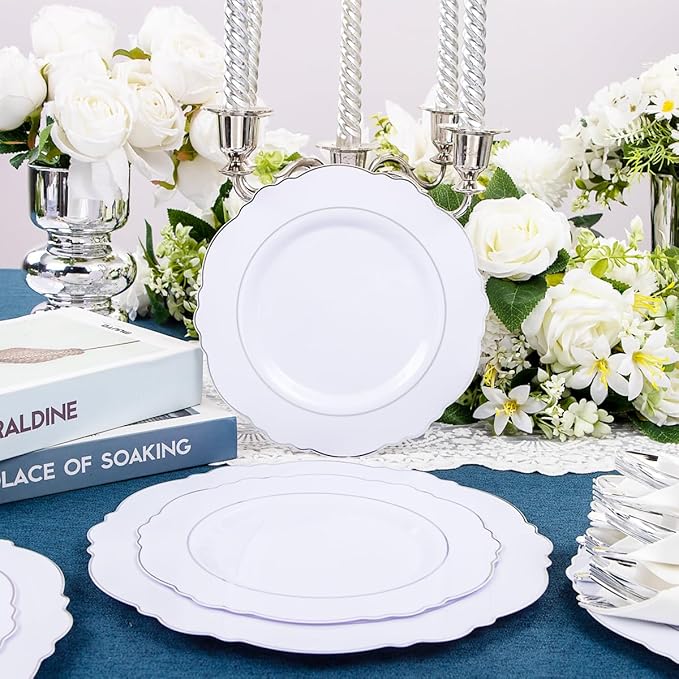 Liacere 175pcs Silver Plastic Plates - White and Silver Disposable - 25guest Baroque Plastic Dinnerware include 50Plates, 25Pack Pre Rolled Napkins with Silverware 25Cups for Wedding&Party&Easter Day