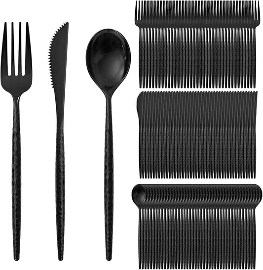 Supernal 360Pcs Black Plastic Silverware Heavy Duty Disposable Cutlery with Hammered Design,Black Utensils Set Include 120 Knives,120 Forks and 120 Spoons Suitable for Party,Anniversary&Halloween