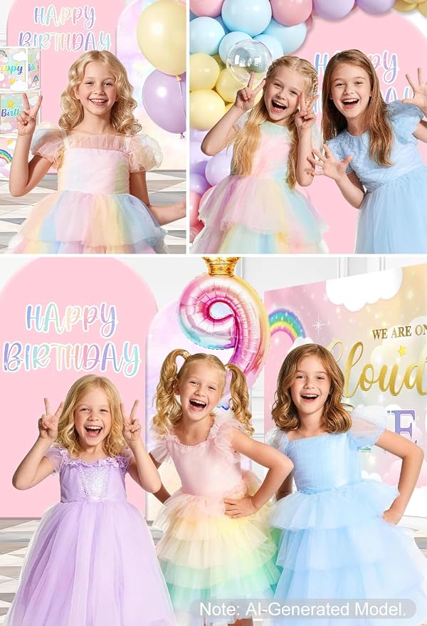 Cocomigo 303pcs On Cloud 9 Birthday Decorations for Girls, Worry-free One-stop Set for 25 Guests, with No-DIY Banner Thick Plates and Cupcake Toppers, Easy Setup for 9 Year Old Girl Birthday