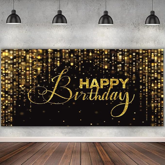 Happy Birthday Backdrop for Photography 15x8ft Luxury Black and Gold Birthday Party Backdrop Background Banner Bokeh Glitter Men Birthday Party Decorations Supplies Wallpaper Studio Props