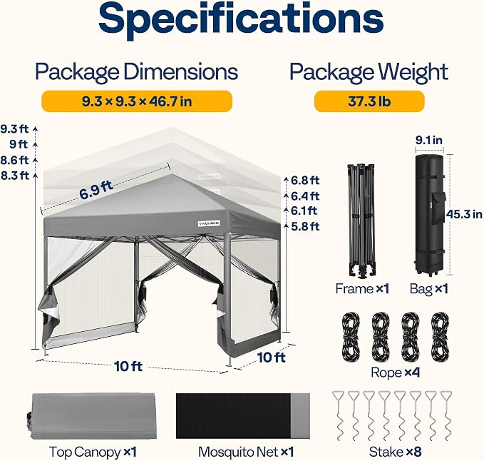 VIVOHOME 10x10ft Easy Pop-Up Canopy, Outdoor Screen Tent with Mosquito Netting, 2 Zipper Doors, and Roller Bag for Yard Camping Picnic Party Events, Grey