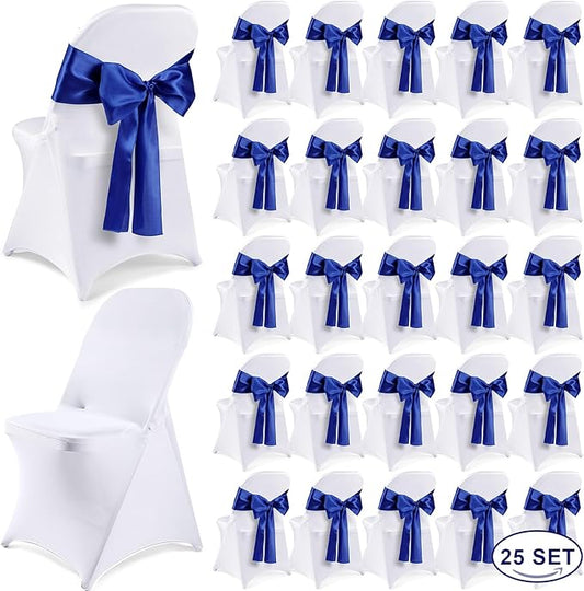 Lounsweer 50 Pcs Folding Chair Cover Set with 25 Stretch Spandex Slipcovers 25 Satin Chair Sashes Bows Ribbon Washable Banquet Protector for Wedding Event Party(White, Royal Blue)