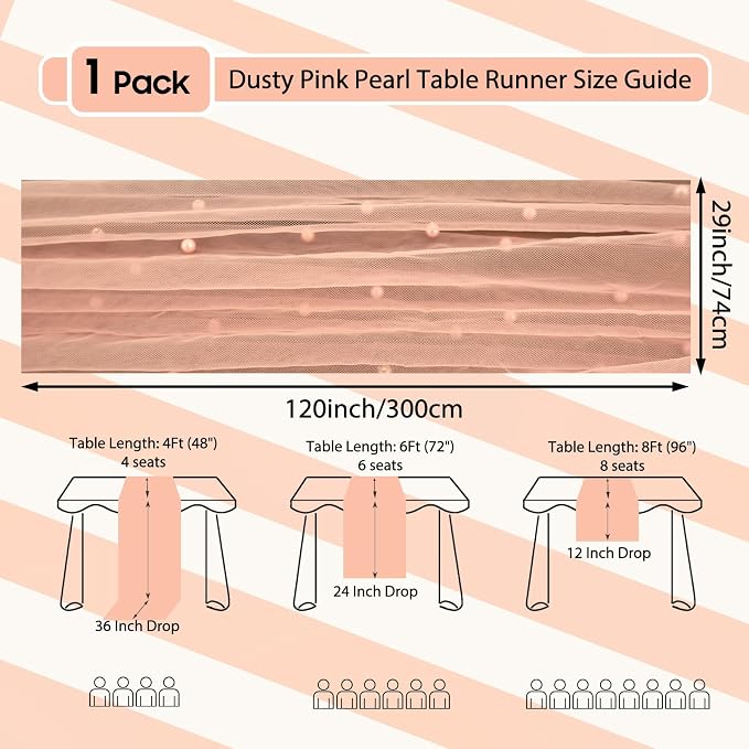 Set of 1 Pearl Table Runner 10ft, 29 * 120 Inch Dusty Pink Table Cloth Pearl Sheer Tulle Table Cover,Pearl Table Runner for Wedding Party Baby Shower Birthday Home Decor