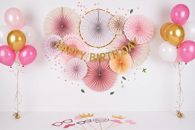 PapaKit 8-Piece Origami Paper Fan Set – Sparkling Pink Rose Blush & Gold Metallic Accents – Reusable Hanging Pinwheel Wall Backdrop for Girls Birthday, Baby Shower, Wedding, Bridal Shower & Boho Party Decorations