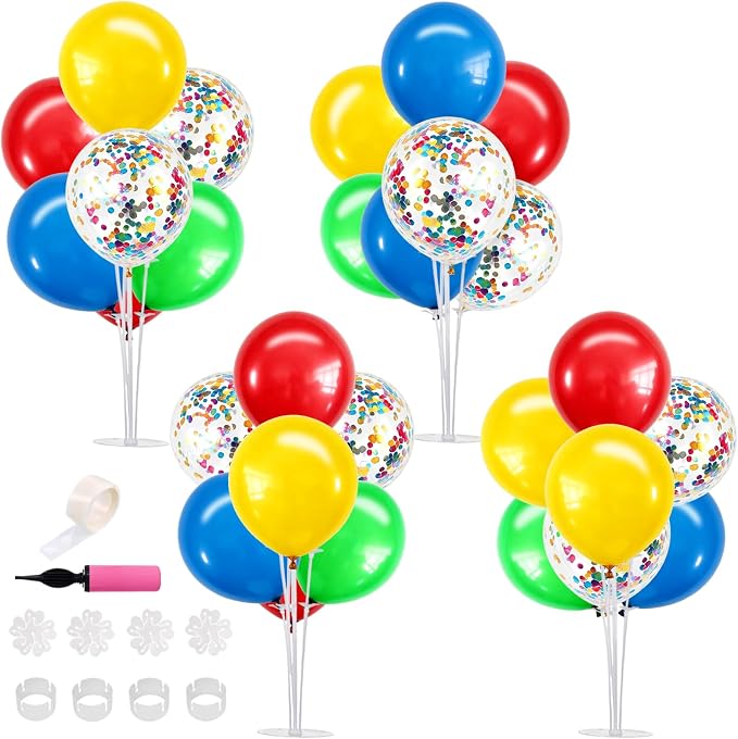 TONIFUL 4 Set Red Yellow Blue Green Balloon Centerpieces for Table,Balloon Stand Kit for Kid Party Decor,Birthday Decorations Anniversary Baby Shower Fiesta Mexican Party