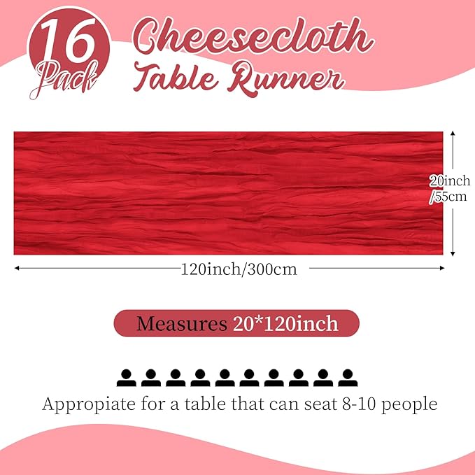 16 Pack Red Cheesecloth Table Runners 20x120 Inch Gauze Table Runner 10FT Easter Cheese Cloth Table Runner Rustic Sheer Runner for Wedding Baby Shower Birthday Party Table Decor
