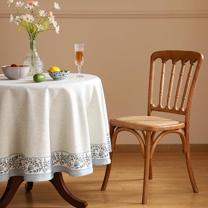 ISAENNE Designer Linen Round Tablecloth,Diameter 67"-Segerman B | Chinoiserie Vintage Elegant Floral Durable Table Cloth,Beautiful,Heavyweight,Dining Room,Tea Party,Kitchen,Thanksgiving