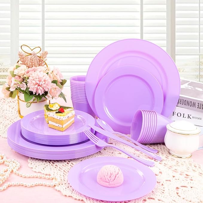 KIRE 150 PCS Purple Plastic Plates - Purple Dinnerware Set Disposable 25 Dinner & 25 Salad Plates 25Forks 25Knives 25Spoons 25Clear Cups for Birthday/Baby Shower/Easter/Spring