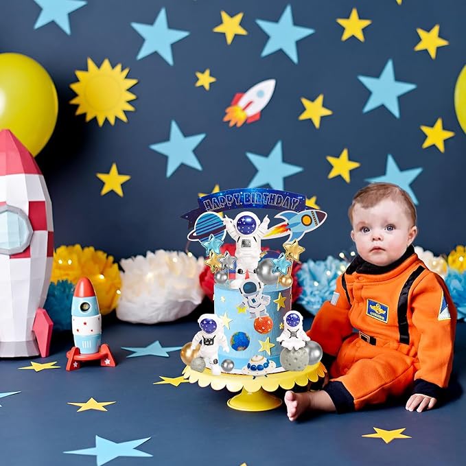 Astronaut Figurines Cake Toppers 32Pcs Outer Space Cake Decorations Spaceman Figures Planet Rocket Stars and Satellite Balls for Two The Moon First Trip Around the Sun Birthday Baby Shower