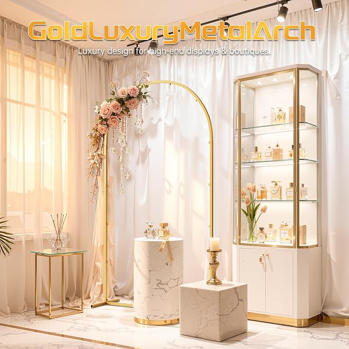 7.2FT Metal Arch Backdrop Stand and Cover Set, Gold Arch Stand with Cover, Easy to Assemble, Pretty Wedding Arch for Birthday Party, Wedding Ceremony and Baby Shower