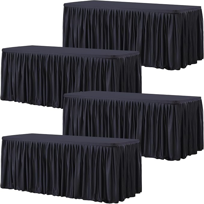 Wish Care 4 Pack Black Rectangle Table Clothes for 8 Foot Tables, Polyester Fitted Tablecloths 8ft Stretch Table Cover for Wedding, Birthday, Parties, Trade Show, Craft Show