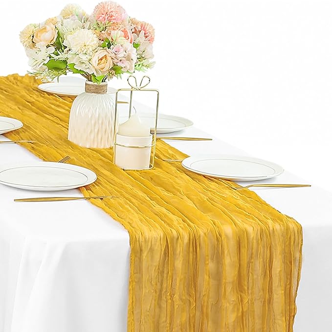 Mustard 35 x 120 Inches Long Cheesecloth Table Runner 10FT Runner for Tables Gauze Fabric Boho Table Runner Decoration Rustic Sheer Runner for Wedding Baby Shower Birthday Party (Mustard)