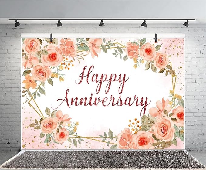 Leyiyi 20x10ft Happy Anniversary Backdrop Watercolor Pink Floral Rose Green Leaves Gold Dots Glitter Photography Background Cheers to Wedding Anniversary Bridal Shower Party Decorations Photo Props