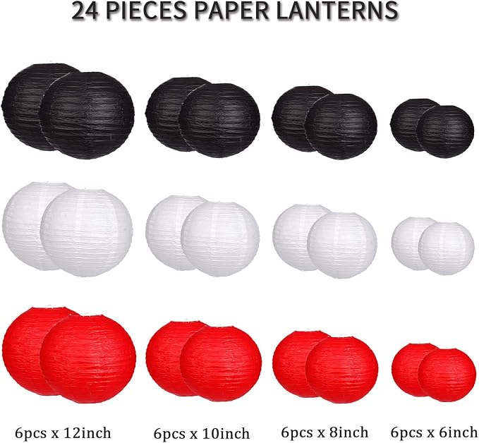 24pcs Hanging Round Paper Lanterns for Wedding Birthday Party Baby Showers Decoration Black/Red