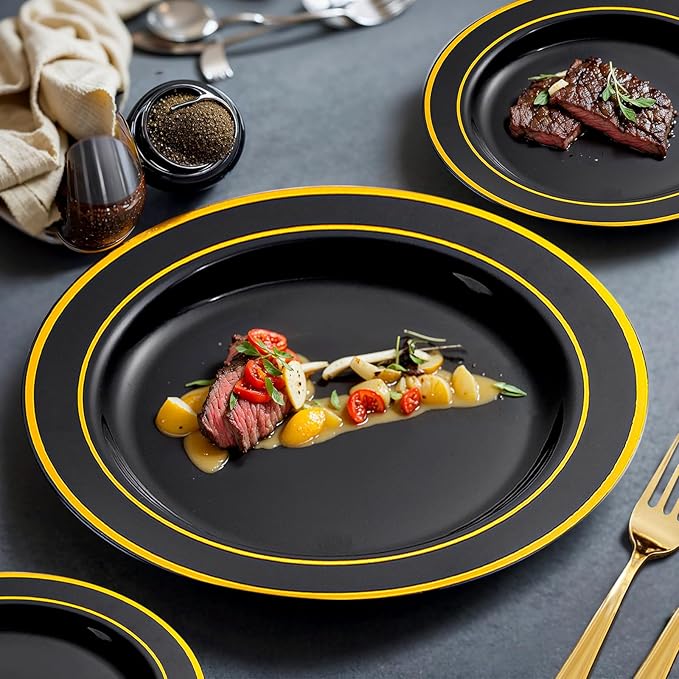 bUCLA 150 Pieces Black and Gold Disposable Dinnerware Set - 25 Guests Black Gold Plastic Plates Include 25 Dinner & 25 Dessert Plates, 25 Spoons, 25 Forks, 25 Knives, 25 Cups for Party & Graduation
