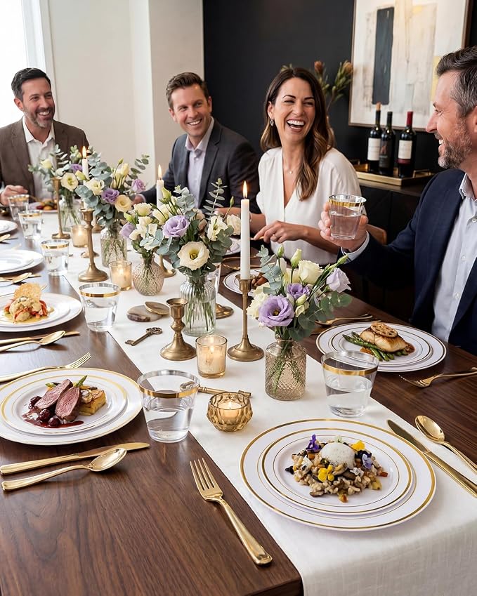 bUCLA 600Pcs White and Gold Plastic Plates - Gold Disposable Dinnerware Set for 100 Guests Include 100 Dinner & 100 Dessert Plates, 100 Cups, 100 Forks, 100 Spoons, 100 Knives for Party