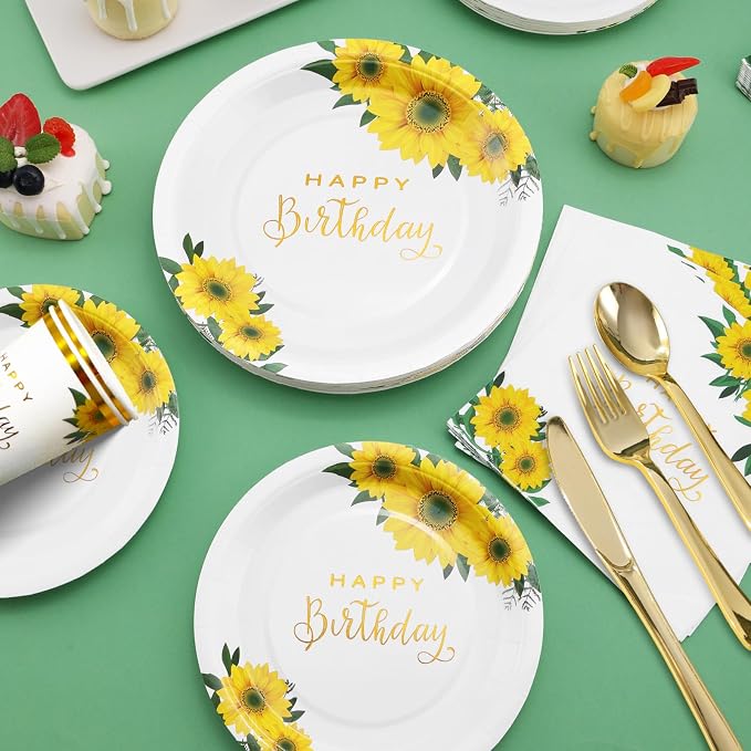168Pcs Sunflower Birthday Decorations for Women Girls, Happy Birthday Plates and Napkins for Women, Sunflower Plates Serve 24, Yellow Party, Spring Summer Fall Easter Mothers Day