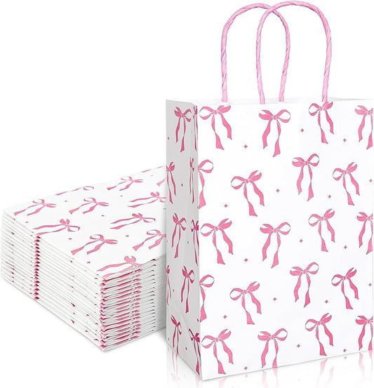 Whaline 24Pcs Pink Bow Paper Gift Bags with Handles Coquette Bowknot Candy Treat Bag Goodie Favor Bags for Mother's Day Wedding Birthday Baby Bridal Shower, 5.9 x 3.1 x 8.3 Inch