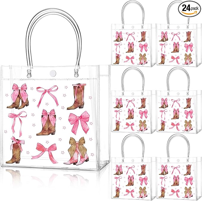 Teenyyou 24 Pcs Coquette Cowgirl Clear Gift Bags Western Boots and Pink Bow Print Transparent Tote Bags, Reusable PVC Handbags for Cowgirl Theme Party, Bachelorette, Birthday, Bridal Shower