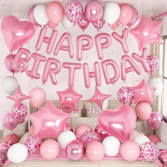 Pink Birthday Decorations for Girls Pastel Light Baby Pink Metallic Whte Confetti Latex Balloon Happy Birthday Banner Heart Foil Balloon 18/10 Inch Star Balloons for Women Bday Party Supplies