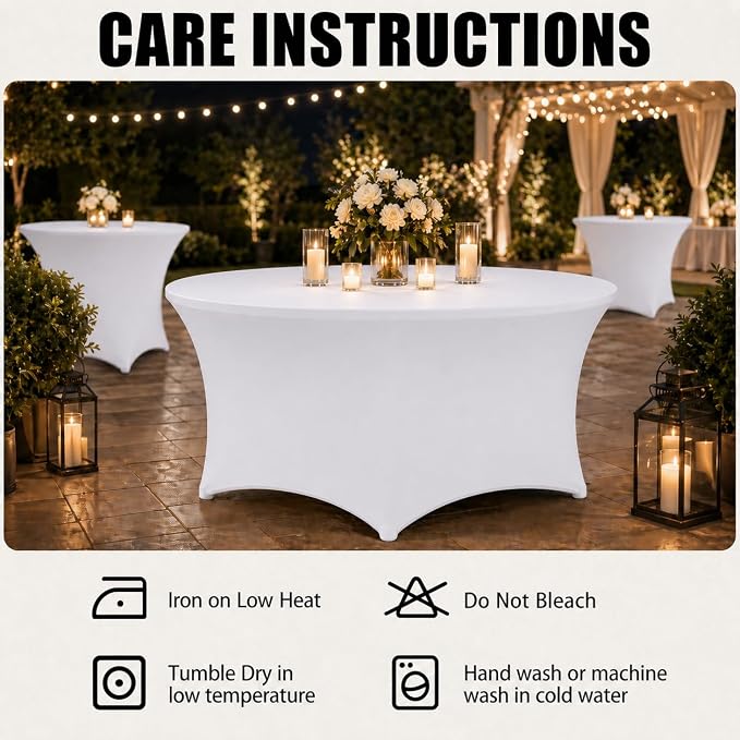 Round Table Covers - 6 Pack 48x30 Inch Table Cloth - White Fitted Stretch Spandex Round Tablecloth for Party, Vendor, Birthday, Booth, Banquet