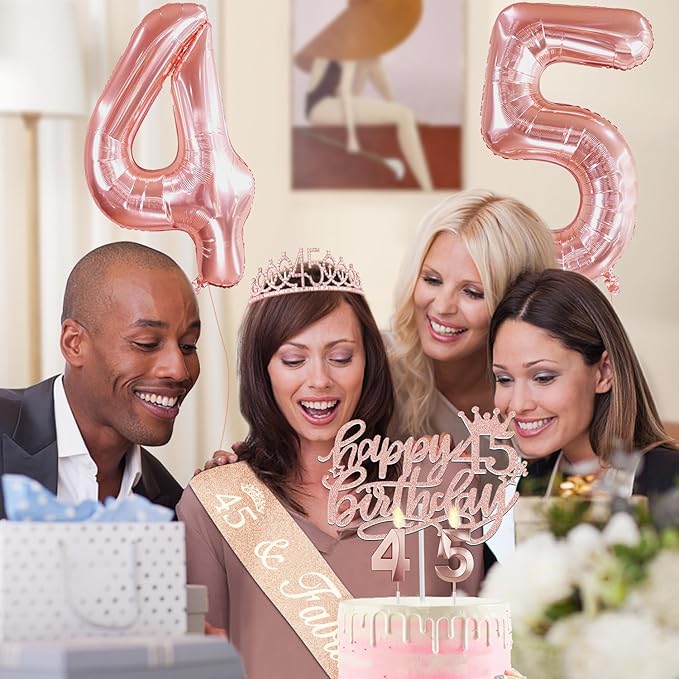 45th Birthday Decorations for Women, Include 45th Birthday Sash and Tiara, Cake Topper and Candles, Number Balloons, 45 Year Old Gifts for Women