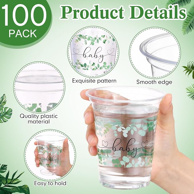 Jingmore 100 Pcs Sage Eucalyptus Baby Shower Plastic Cups 12oz Sage Greenery Disposable Clear Plastic Drinking Cups Bulk for Wedding Bridal Baby Shower Birthday Party Decorations Supplies