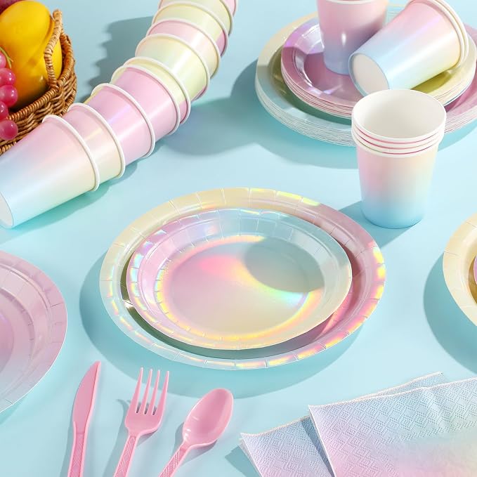 Iridescent Pastel Rainbow Party Decorations - Serve 50, Holographic Pastel Paper Plates and Napkins, Disposable Iridescent Rainbow Plates, Cups, Napkins for Girls Birthday, Wedding, Baby Shower