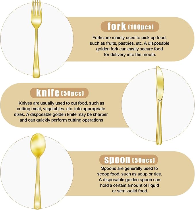 Zcaukya 200 Pieces Gold Plastic Silverware Set, Disposable Cutlery Set Including 100 Forks, 50 Knives and 50 Spoons, Eating Implements Flatware in Bulk for Dinner, Weddings and Birthday Parties