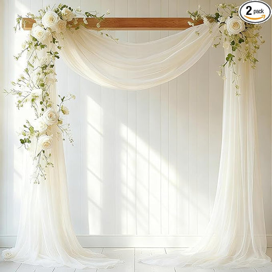 Wedding Arch Draping Fabric, 31.5" x 20FT Wrinkle-Free Sheer Chiffon Drapery for Ceremony Backdrop, Arbor, Pergola, Church Cross, Photo Booth, Baby Shower & Home Decor, 2-Pack, Ivory