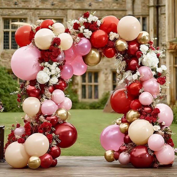 Red Pink Balloon Garland Double Stuffed Burgundy Pink Gold Pearl Balloons Rose Red Blush Nude Balloon Arch for Mother's Day Birthday Bridal Shower Wedding Engagement Party Decorations