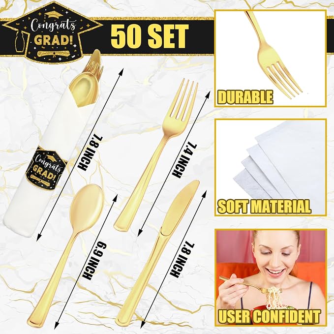 Meanplan 50 Sets 2026 Graduation Party Supplies Tableware Set Gold Pre Rolled Silverware for 50 Guests Class of 2026 Disposable Dinnerware for College High School Congrats Graduation Party Favors