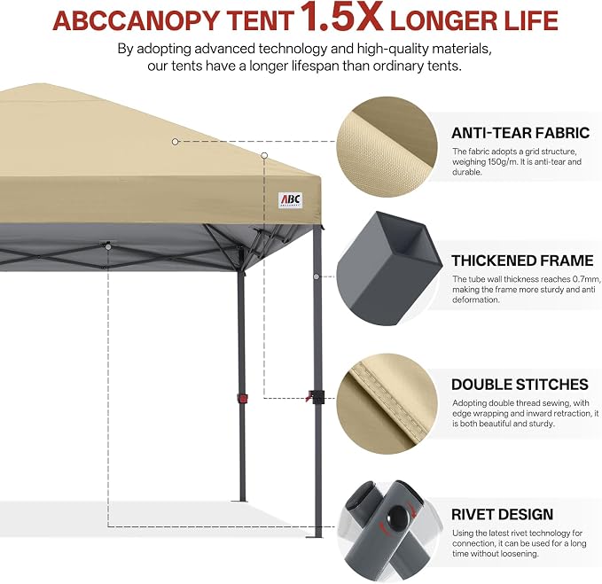 ABCCANOPY 10x10 Pop Up Canopy Tent, Easy Setup Instant Shelter with Wheeled Bag, Heavy Duty Outdoor Canopy for Beach, Market, Backyard, UV Protection, Outdoor Weather Protection (Beige, 10x10)