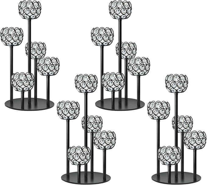 5-Arm Crystal Tealight Candelabra Centerpiece, 14.8 Inch Metal Candle Holder for Table Decor, Wedding, Christmas, Party, Anniversary & Home Decoration (4, Black, S-14.8 in)