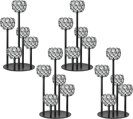 5-Arm Crystal Tealight Candelabra Centerpiece, 14.8 Inch Metal Candle Holder for Table Decor, Wedding, Christmas, Party, Anniversary & Home Decoration (4, Black, S-14.8 in)