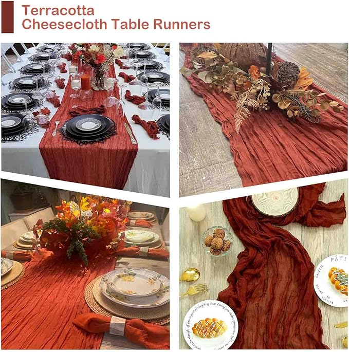 12 Pack Cheesecloth Table Runner, 35x120 Inch Terracotta Table Runners Rustic Burnt Orange Cheese Cloth Boho Gauze Semi-Sheer Runner for Wedding Baby Shower Christmas Home Decor