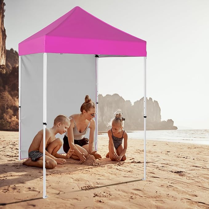5x5 Pop Up Canopy Tent with One Sidewall, Instant Portable Beach Canopy, Outdoor Tent with Carry Bag for Camping, Sports, Tailgating, Events, Pink