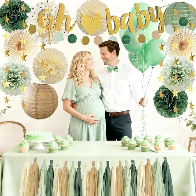 Sage Green Baby Shower Decorations Boy Oh Baby Banner Olive Sage Green Paper Pom Poms Paper Tassel Garlands for Baby Gender Reveal Party Decor