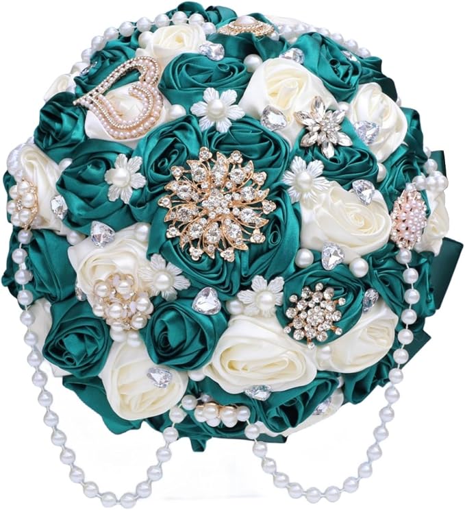 Emerald Green and Ivory Bridal Wedding Bouquet with Rhinestone Brooch Pearl String Cascade Bouquet for Bride Bridesmaid Quinceanera Rose Flower Bouquet Wedding Emerald Green and Ivory 9.8in
