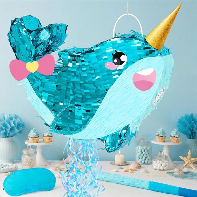 WERNNSAI Narwhal Piñata - Girl Narwhal Party Piñata Game Whale Ocean Themed Party Decor for Kids Under the Sea Classroom Decorations Summer Season Baby Shower Favors
