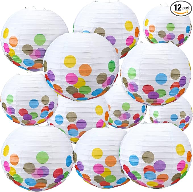 Retisee 12 Pcs 10 Inch Hanging Paper Lanterns Party Decorations Pastel Classroom Decor for Birthday Back to School Party Decoration for Classrooms Wedding Birthday Ceilings(Classic Color,Dots)